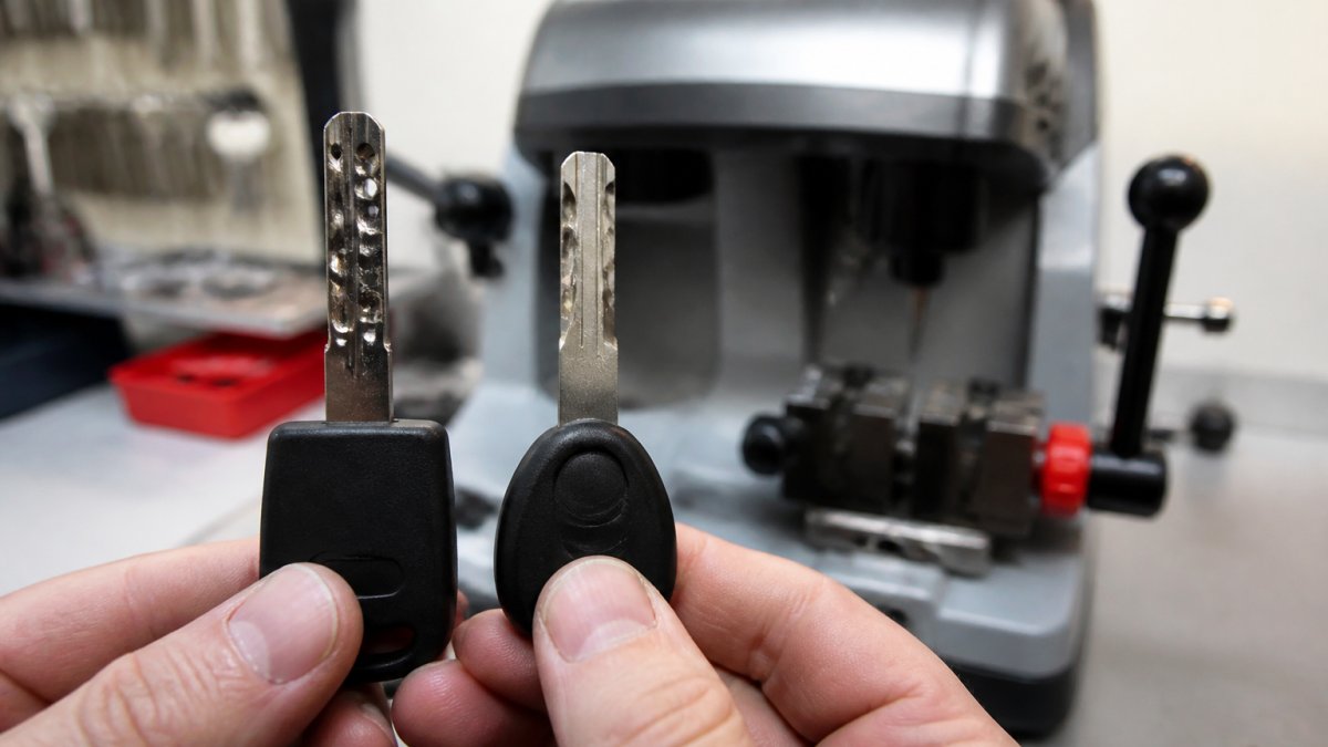 Locksmith holding a laser cut car key beside a traditional key in a shop for laser cut key duplication