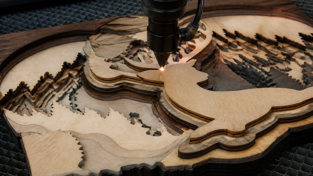 Close-up of a laser engraver cutting a multi-layer wooden sign with visible depth layers, showing the laser beam precision on stacked wood pieces with varying engraving depths