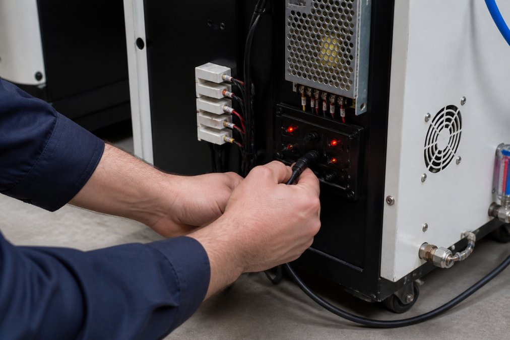 Professional technician's hands checking laser engraver power cables and connectors with visible LED indicator lights on the control panel