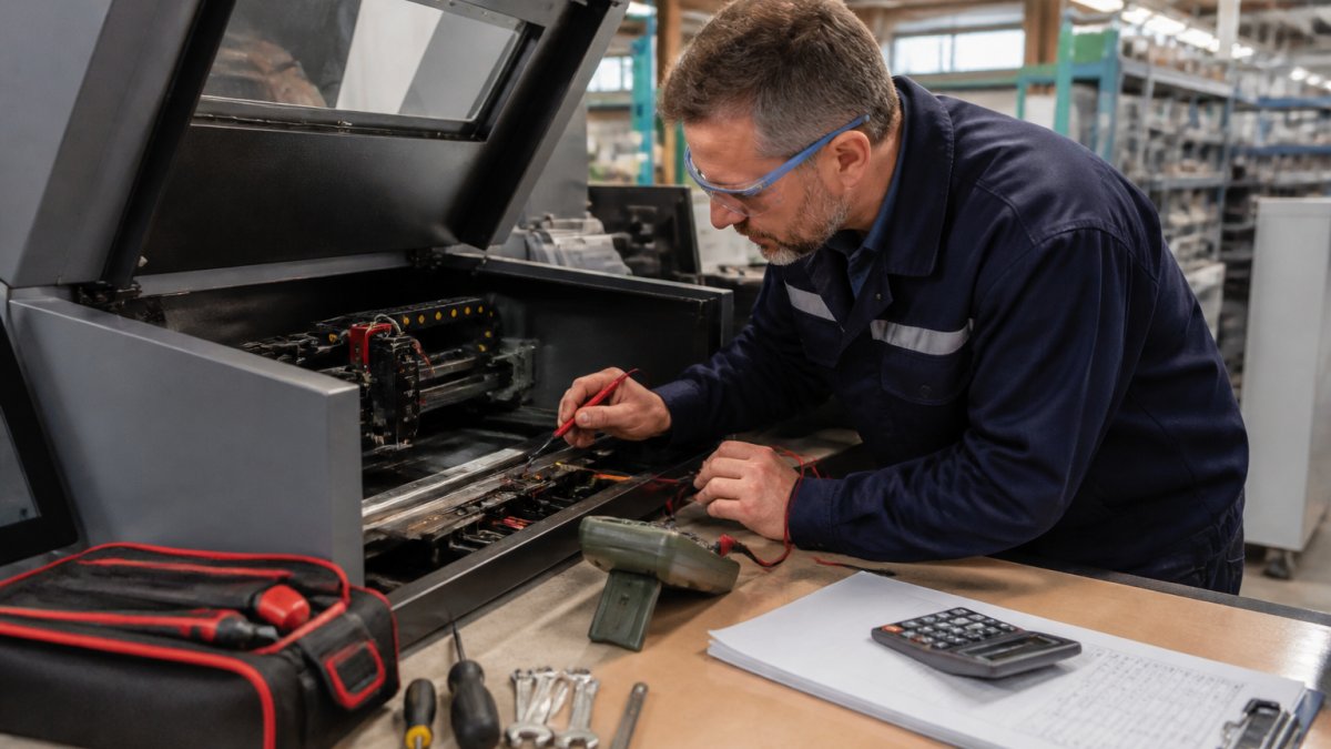 Professional engineer in workshop examining laser engraver components with diagnostic tools, bright overhead lighting, production floor setting visible in background