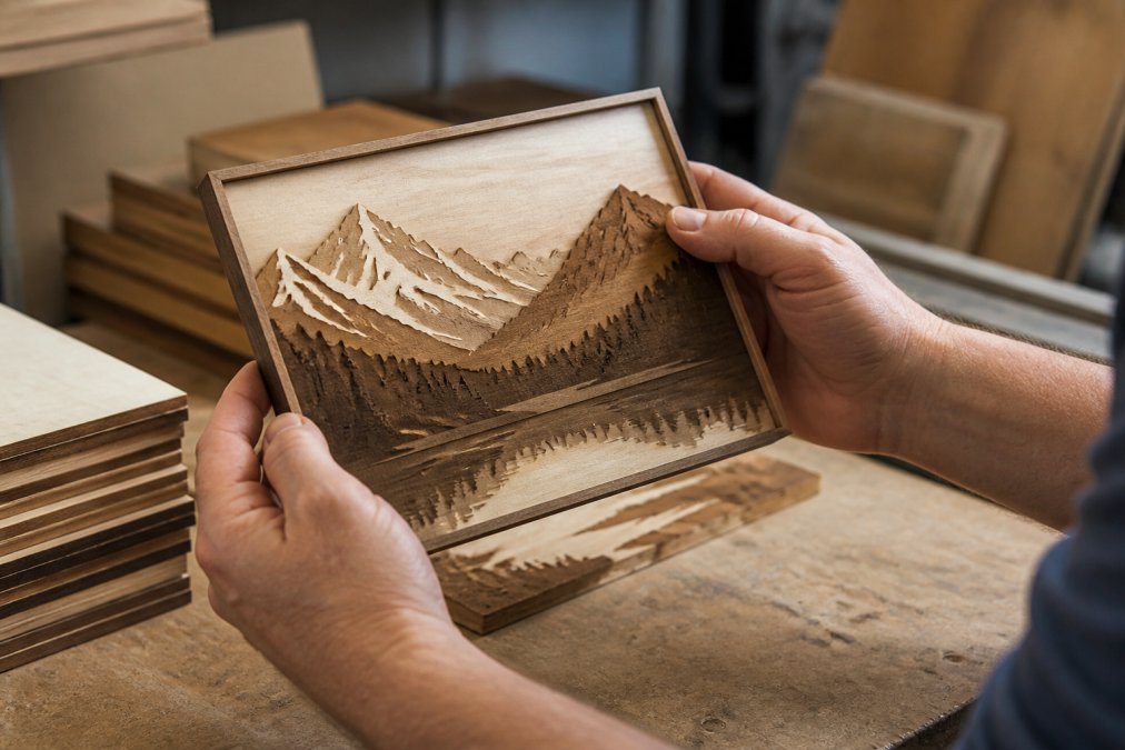 Professional hands examining a multi-layer engraved wooden piece with visible depth variation, showing different tonal layers on a work surface under workshop lighting