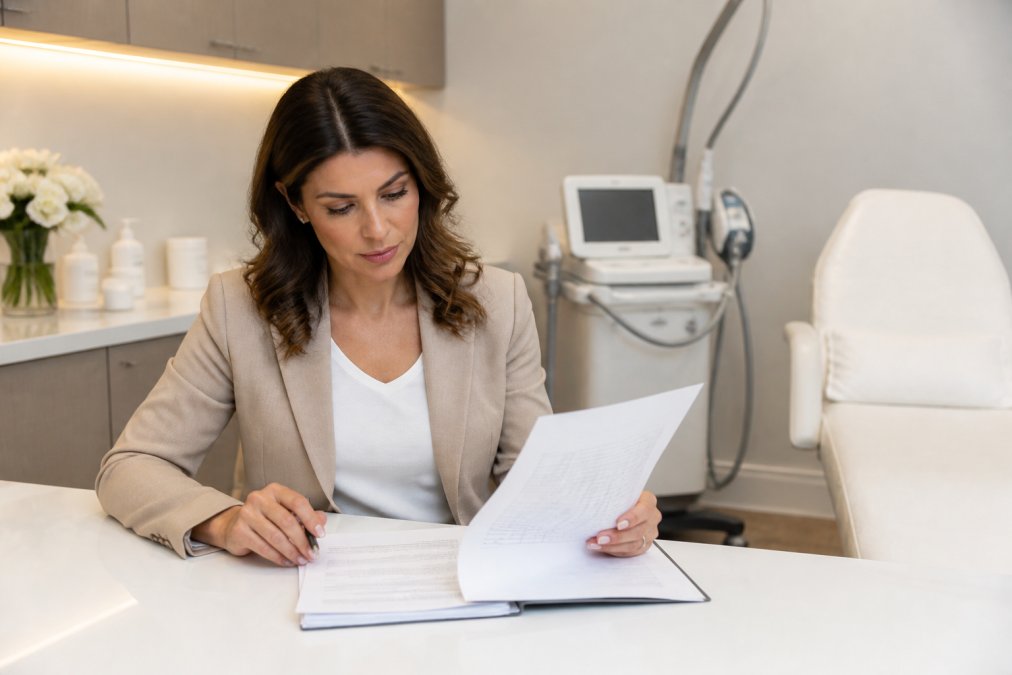 A clinic owner in a tailored blazer reviewing financial documents at a clean white desk, with a medical laser device visible in the background of a softly lit modern aesthetic treatment room