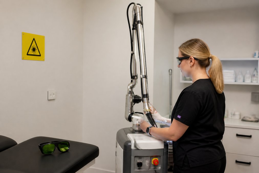 Laser safety officer inspecting a medical device to ensure adherence to laser safety standards in a clinical setting.