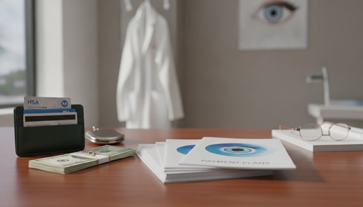Close-up of a person's hands holding an HSA debit card next to a laptop displaying a payment calculator on a bright, clean desk with a cup of coffee nearby