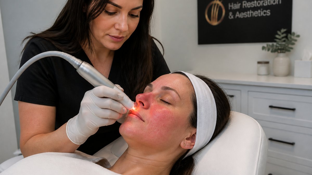 Professional applying laser device to patient's face during treatment in clinical setting with soft lighting and visible facial redness being targeted