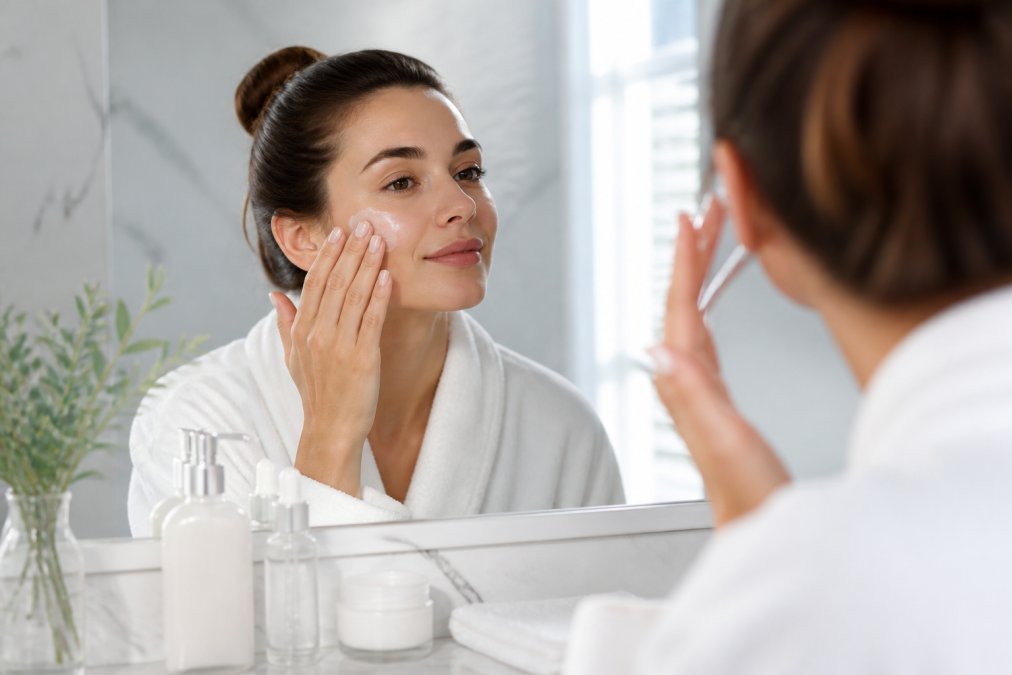 Close-up of hands applying broad-spectrum sunscreen to face, with recovery skincare products including gentle cleanser and hyaluronic acid serum visible on a marble bathroom counter with soft natural window lighting