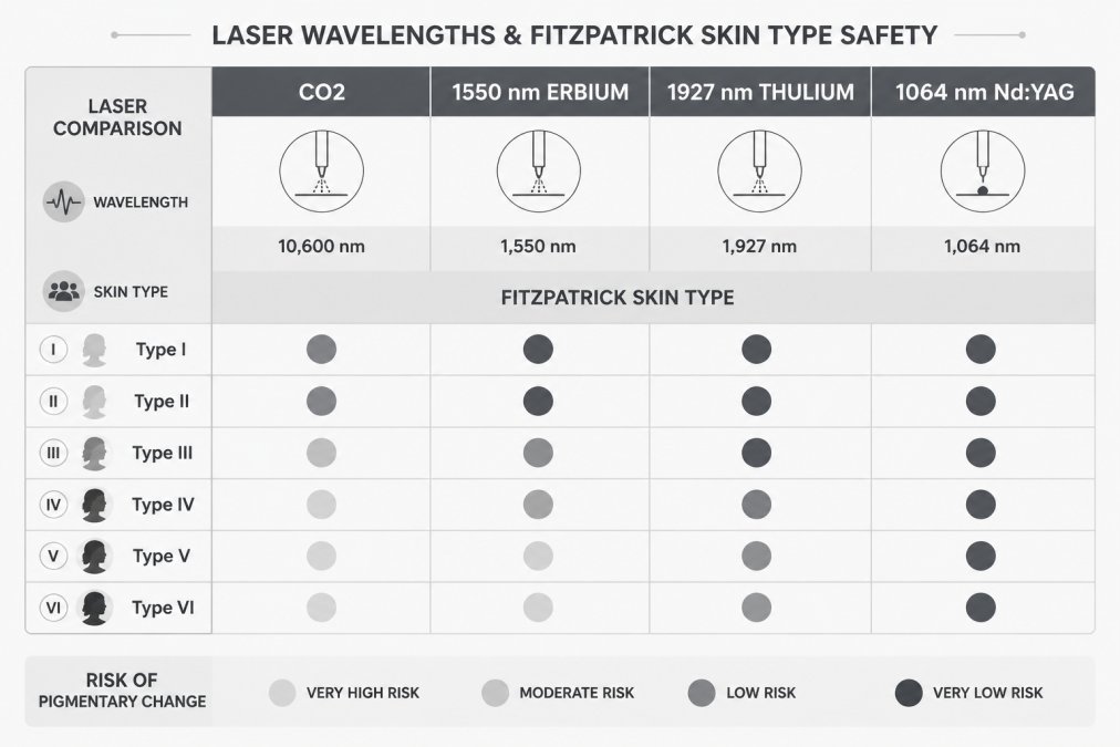 Comparison chart of laser skin rejuvenation vs chemical peels safety by wavelength and Fitzpatrick skin type.