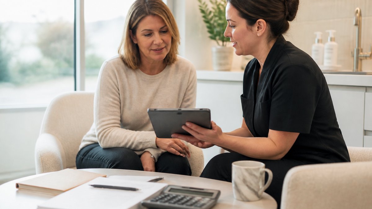 A woman in her forties sitting in a consultation room with a licensed aesthetic provider, both reviewing a treatment plan on a tablet, soft natural lighting, calm clinical setting