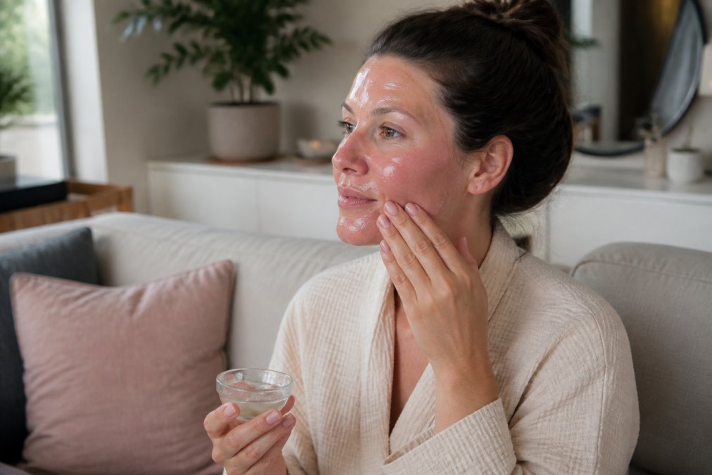 A woman in her 30s with mild redness on her cheeks, sitting comfortably on a sofa at home, applying a soothing gel mask, natural daylight, calm and supportive atmosphere