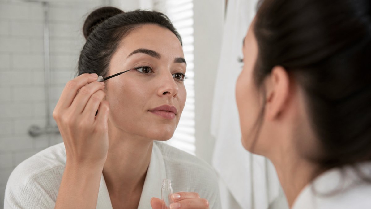 Close-up of a woman's hands holding a small glass serum tube with a fine applicator brush, applying a thin line along her upper lash line in a bright bathroom mirror setting, soft natural lighting