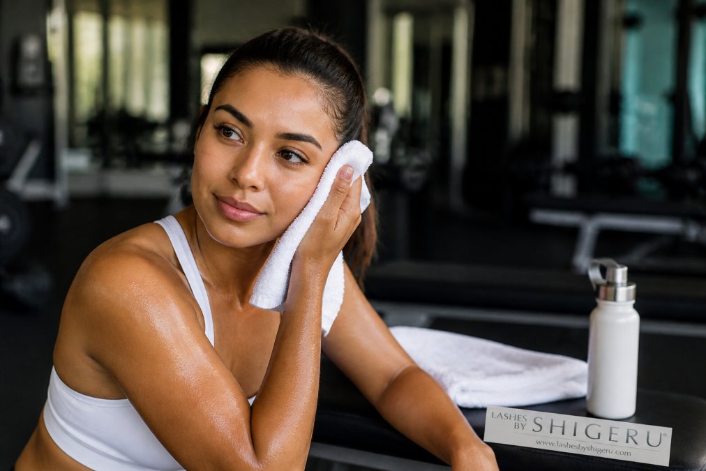 Woman at a gym wiping sweat from her face with a towel, wearing fresh lash extensions, with a water bottle nearby on the bench