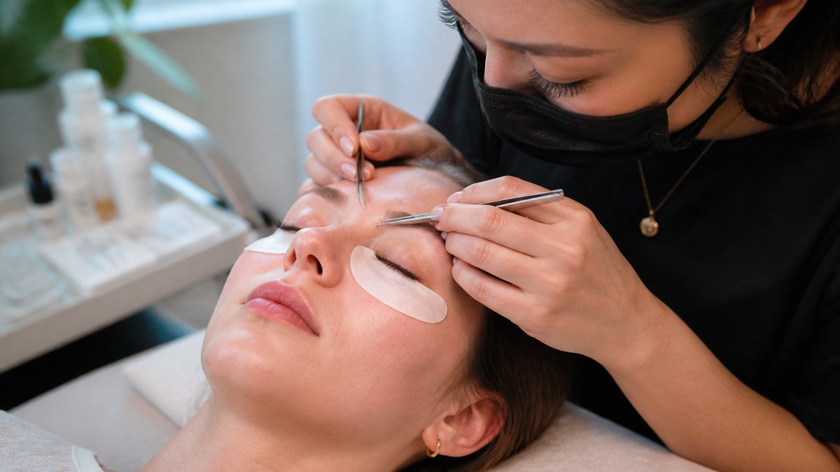 A lash technician in a bright, clean salon gently applying extensions to a relaxed client with eyes closed, soft natural lighting, professional and calm atmosphere