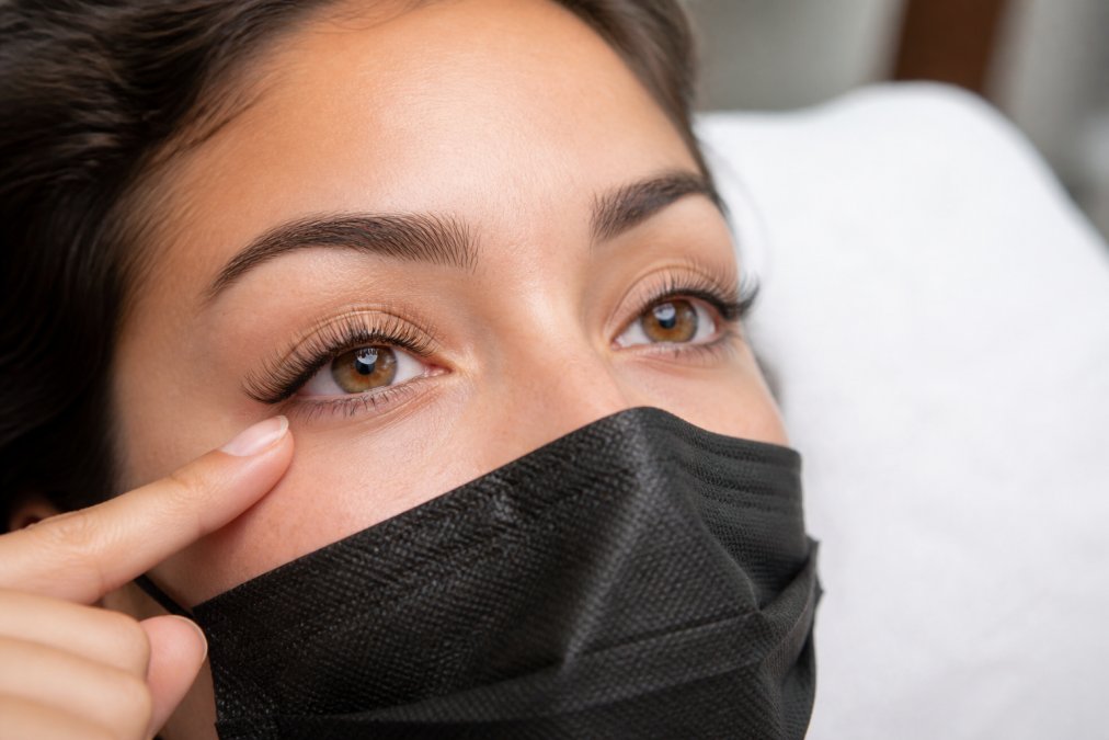 Close-up of a woman's eye with natural-looking, wispy eyelash extensions, relaxed expression, bright clean salon setting with soft window light