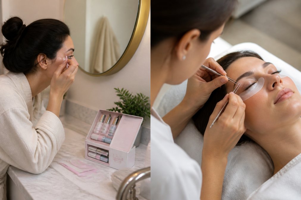 Woman applying a professional-grade lash lift kit at home in natural bathroom lighting, with the kit components visible on the counter beside her
