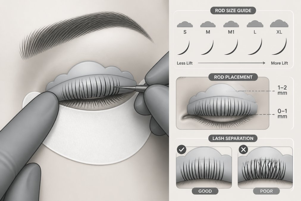 Close-up of hands carefully applying silicone rod to natural eyelashes during lash lift treatment, showing proper rod placement and lash separation technique with warm studio lighting