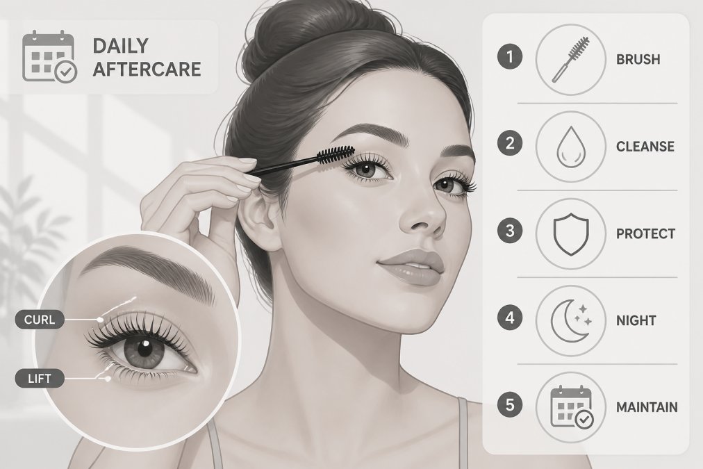 Woman gently brushing her lashes with a spoolie brush after a fresh lash lift, showing the visible curl and lift at the lash base with natural morning light