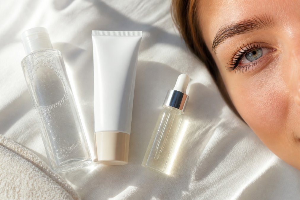 Flat lay of oil-free micellar water, gentle cleansers, and lash serums arranged on a white surface with a fresh lash lift visible in the frame, natural daylight