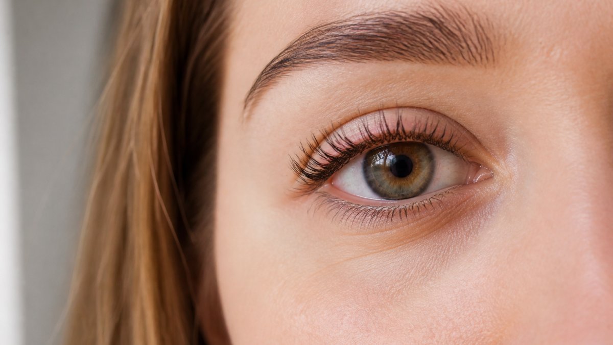 Close-up of a woman's eye showing lifted, curled natural lashes with a subtle tint creating an open, awake appearance