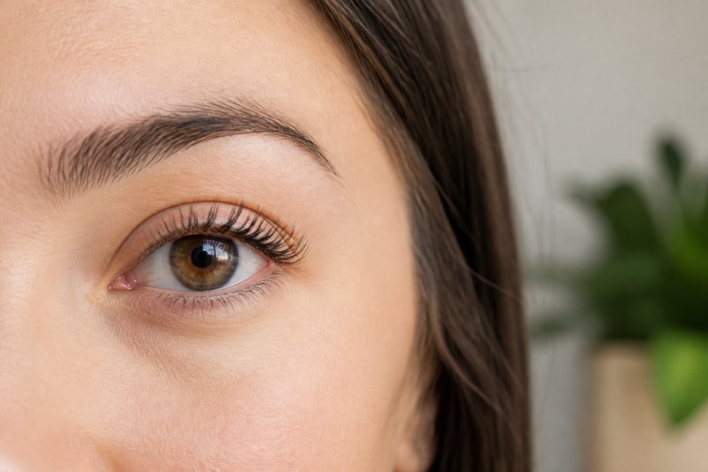 Close-up of a woman's eye showing lifted, curled natural lashes with a clean, polished appearance and subtle shine