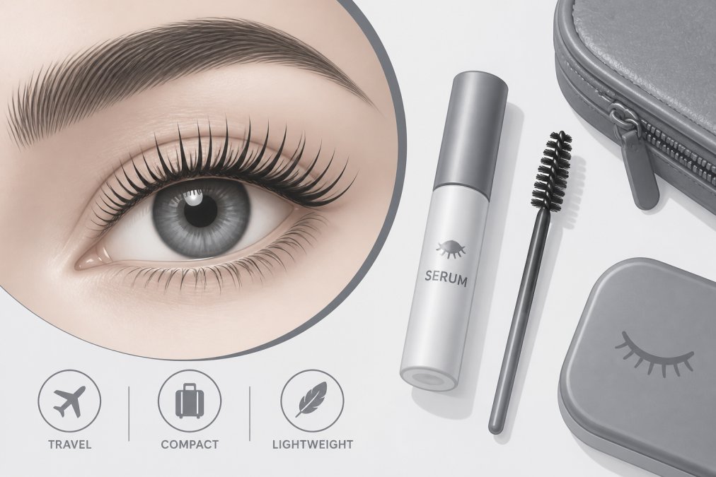 Close-up of a woman's eye with a freshly lifted lash line showing natural curl and definition, with travel essentials like a small serum bottle and lash brush nearby on a white surface