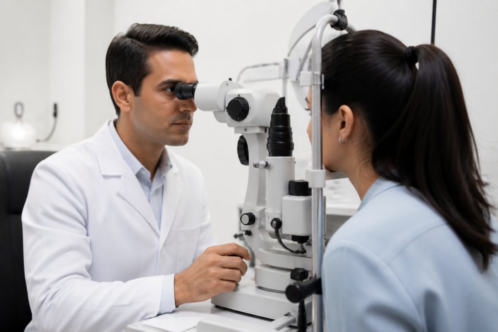 Ophthalmologist performing detailed eye examination with advanced diagnostic equipment in modern clinical setting, patient positioned at examination station with precise measurement instruments