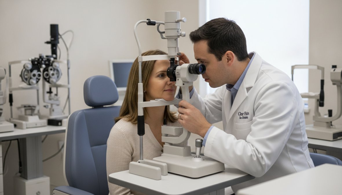 Ophthalmologist performing a comprehensive eye examination on a patient using advanced diagnostic equipment including corneal topography mapping in a modern clinical setting with bright, natural lighting