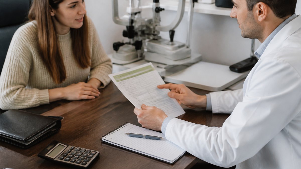 Patient in consultation with eye doctor reviewing treatment options and pricing in a modern clinical setting