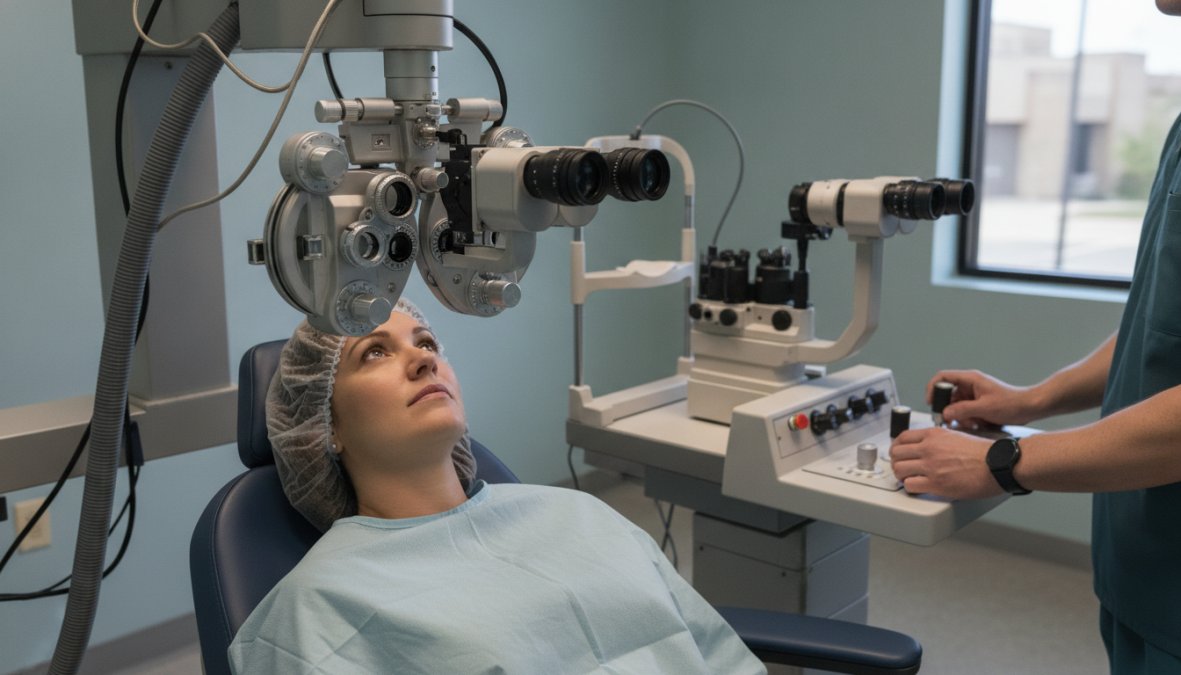 A board-certified ophthalmologist in surgical scrubs and sterile gloves operating a modern excimer laser machine, with a patient reclined in a surgical chair under bright overhead lighting in a clean, white-walled surgical suite