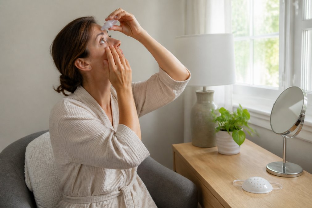 A person in a calm home setting gently placing lubricating eye drops into their eye, with an eye shield resting on a nearby table and soft natural light coming through a window