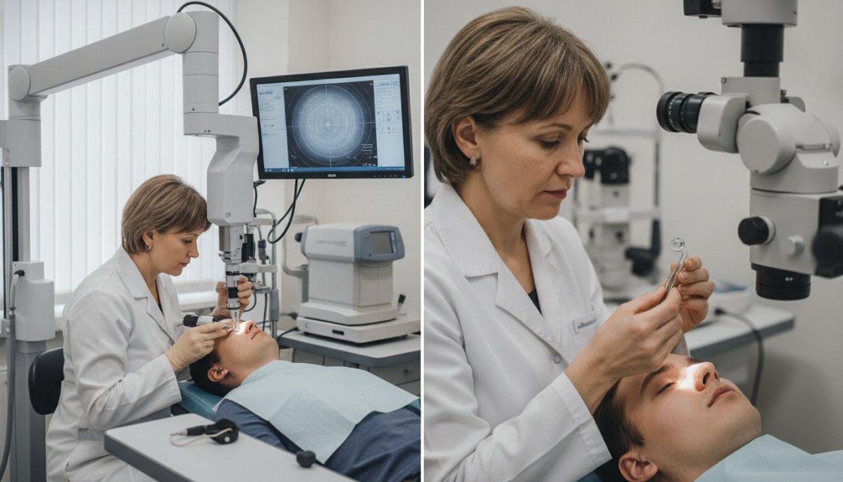 An ophthalmologist in a white coat reviewing a patient's detailed eye scan on a large digital screen in a modern clinical setting, with diagnostic equipment and soft overhead lighting visible in the background