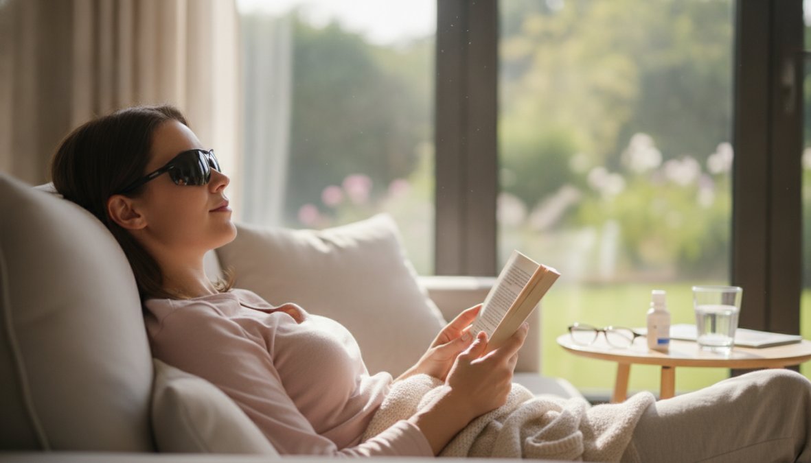 A patient resting comfortably on a couch at home after eye surgery, wearing clear protective eye shields, holding printed aftercare instructions, with soft natural light coming through a window in the background