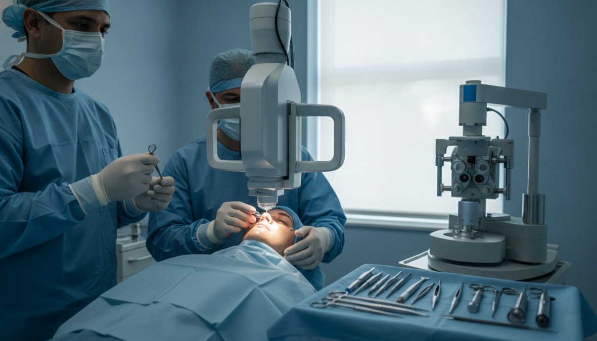 Professional illustration showing ophthalmologist and performing and laser concepts for lasik vs icl vision correction