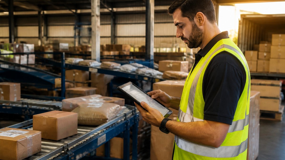 Logistics professional reviewing shipment location on tablet device while standing in busy warehouse distribution centre with packages and conveyor systems visible in background