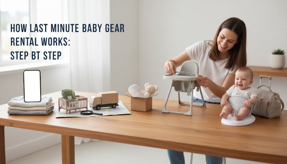 A friendly delivery person in a light blue polo shirt setting up a clean white crib inside a bright, airy vacation rental living room with coastal decor, while a smiling parent holding an infant watches nearby, warm natural light coming through large windows