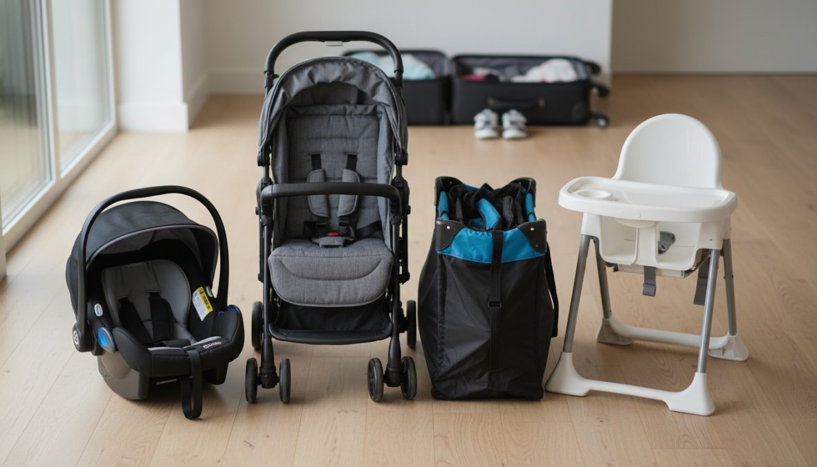 An organized collection of clean baby gear arranged neatly on a light wood floor in a bright room: a compact folded stroller in navy blue, an open pack and play with a white fitted sheet, a wooden high chair, and a gray infant car seat, all ready for a family vacation