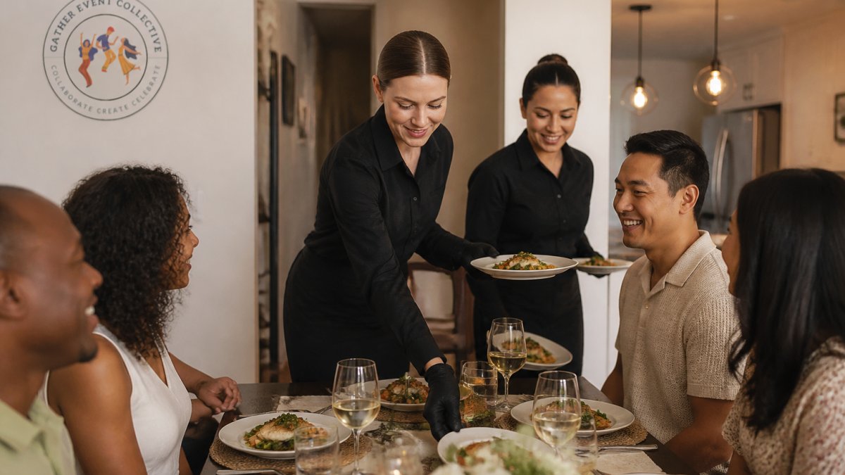 Professional servers arranging elegantly plated dishes on a dining table at an intimate home gathering with diverse guests enjoying their meal, natural warm lighting from overhead fixtures