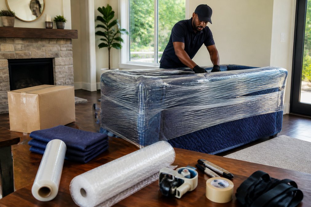 Professional demonstrating furniture wrapping technique with plastic sheeting and bubble wrap on a couch in a bright living room with natural lighting