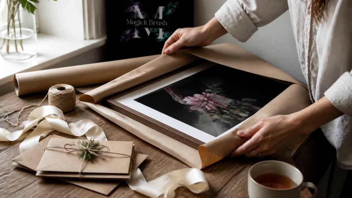Step-by-step diagram illustrating how to wrap a framed art print with kraft paper and ribbon for a personal gift.