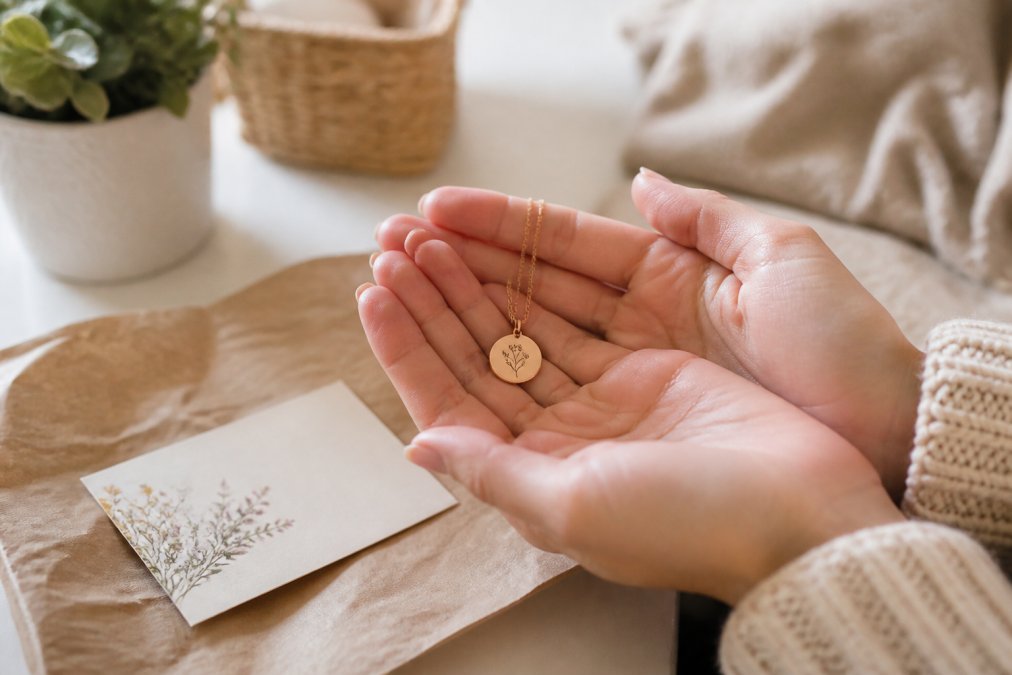 Hands holding a personalized engraved necklace with a handwritten note, perfect for giving meaningful gifts.