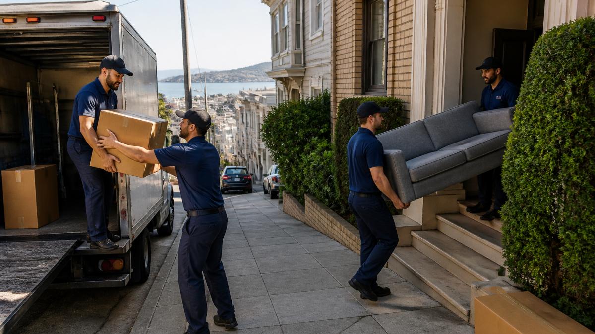Professional moving crew carrying boxes and a sofa for last minute moving in San Francisco