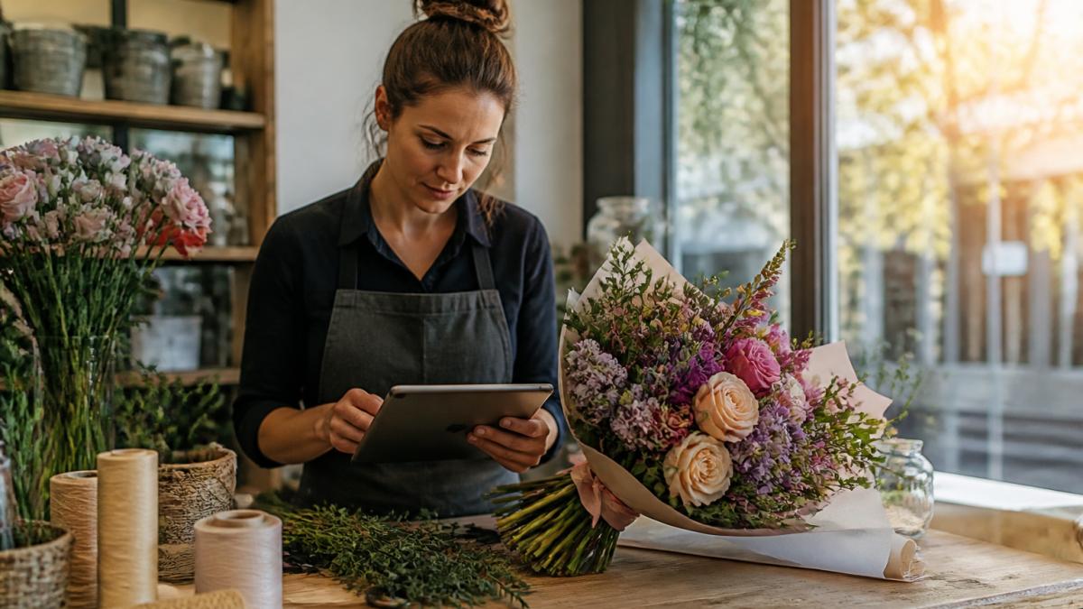 A florist at a workbench checking a delivery schedule on a tablet while a completed bouquet of fresh flowers sits beside her, late afternoon light through the shop window