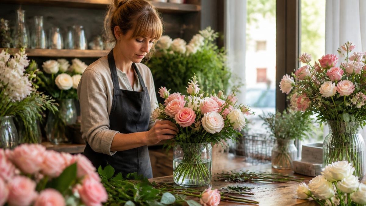 Professional florist designer carefully arranging fresh pink and white roses in a clear glass vase on a wooden counter, with completed bouquets visible in soft natural light from nearby windows