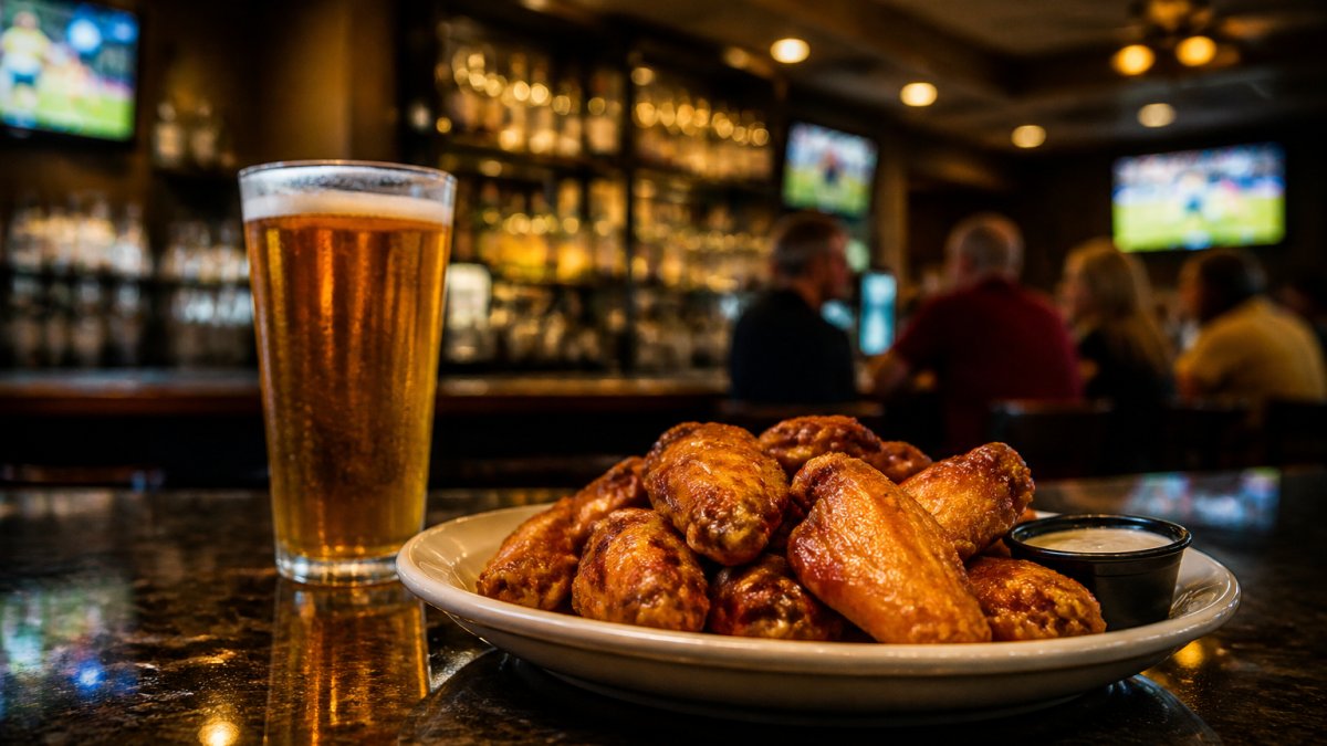 A plate of crispy golden wings with a cold beer glass on a polished bar counter, sports highlights glowing on multiple screens in the background with warm amber lighting