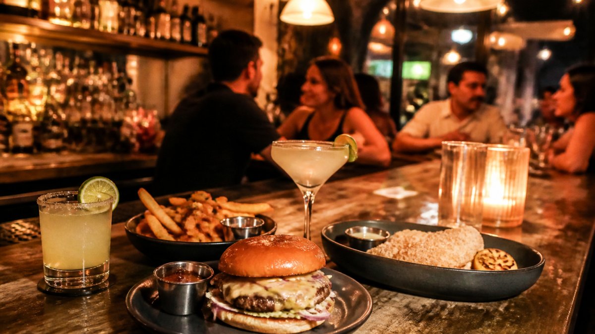 A warmly lit bar counter at a casually chic American bistro with plated comfort food and cocktails, people chatting in the background, late evening atmosphere