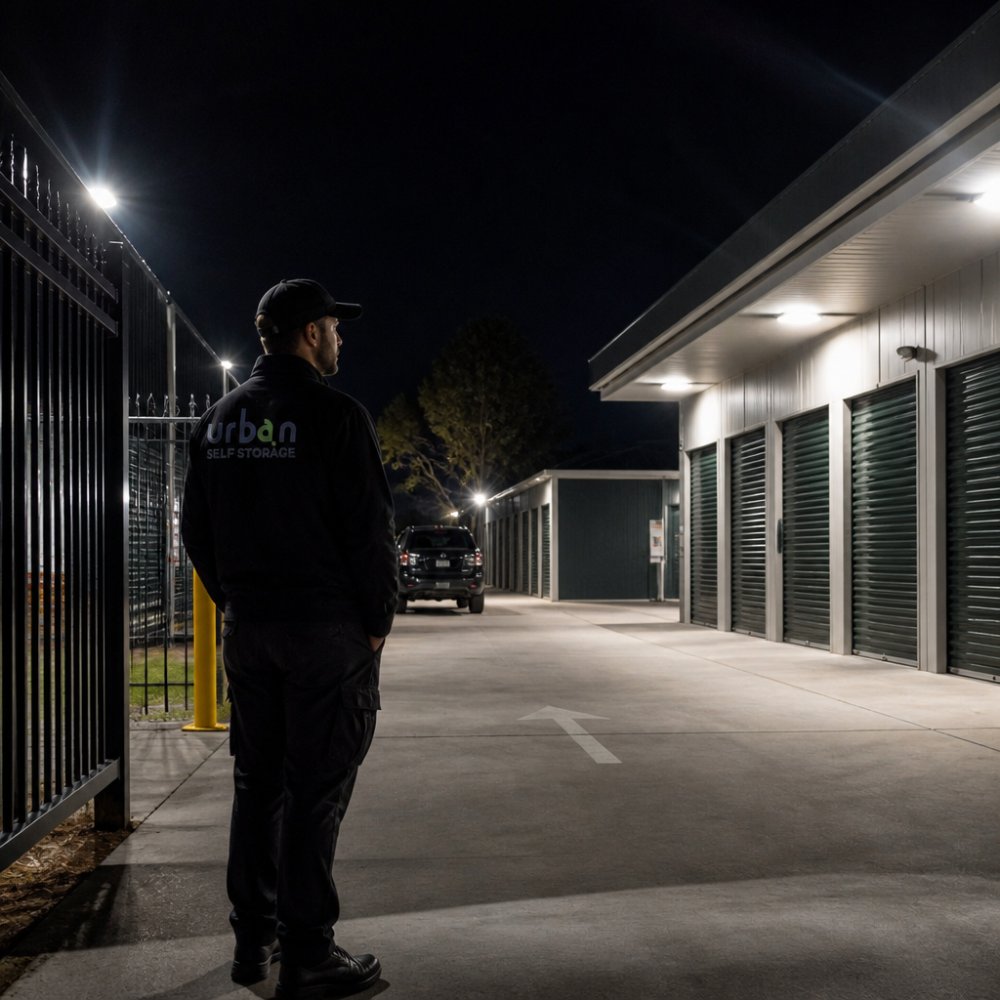 Professional security guard monitoring late-night storage facility with well-lit car park, bright external lighting, secure perimeter fencing, and clear sightlines to unit entrances during evening hours