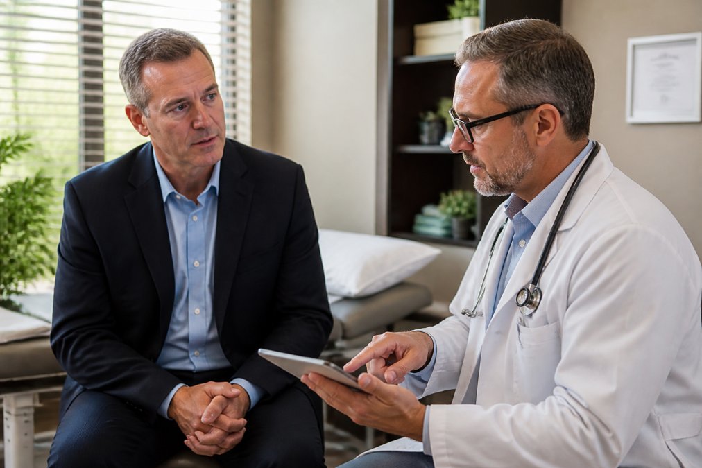 A middle-aged man in business attire sits in a modern medical office speaking with a doctor who reviews lab results on a tablet, warm natural light through window blinds