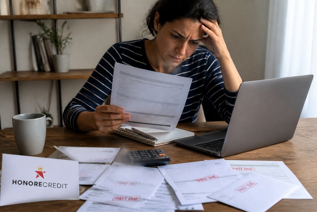 Person looking stressed while reviewing credit report on laptop, with bills and documents scattered on desk showing past due notices