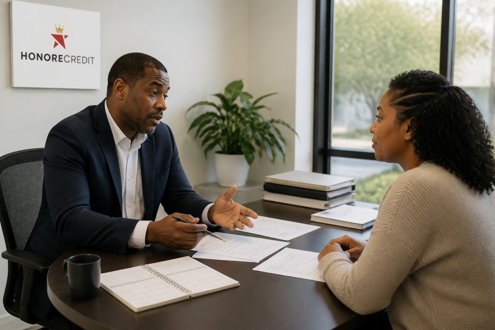 Professional advisor meeting with client at desk, discussing financial recovery plan with documents and calendar visible, natural office lighting