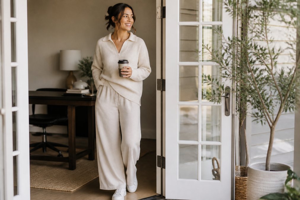 Woman wearing neutral-toned wide-leg loungewear pants with a waffle-knit pullover, stepping out of a home office with a coffee cup, ready for casual errands