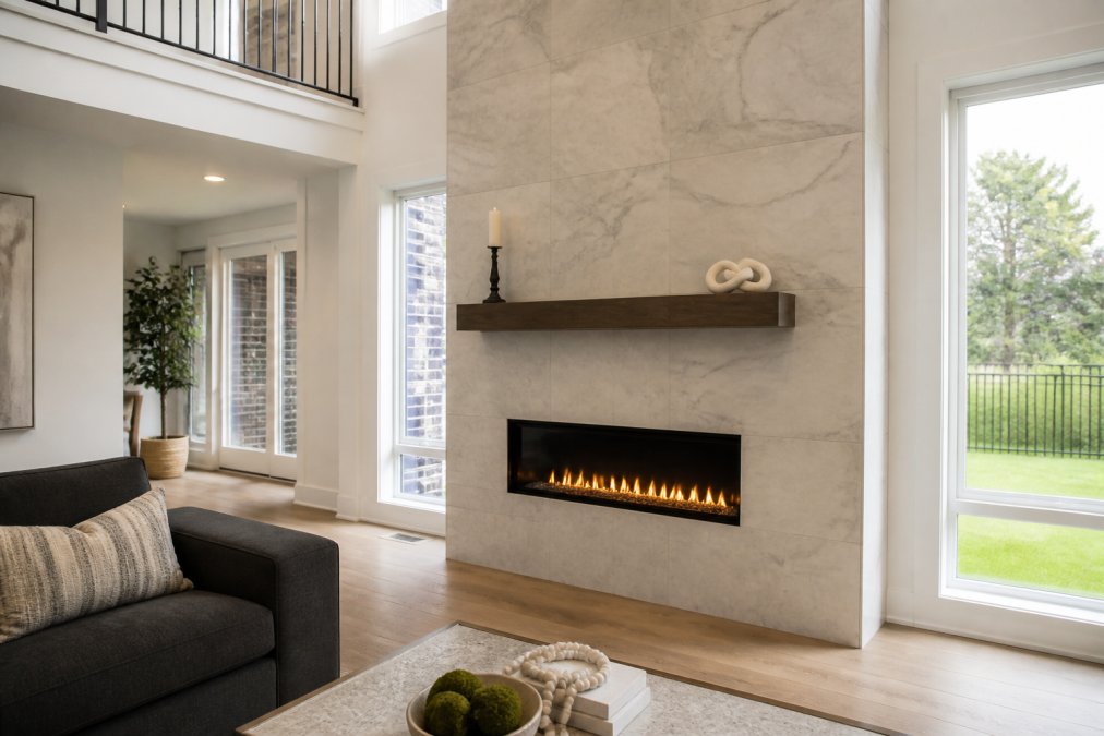 Floor-to-ceiling stone tile fireplace surrounds in a modern living room with a minimalist mantel shelf